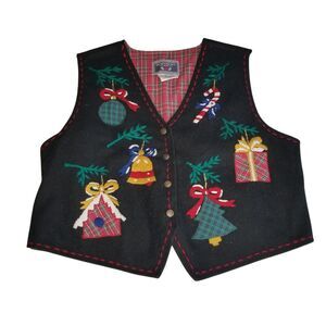 Vintage Erika Wool Felted Christmas Vest XL Hand Stitched Embroidery Holiday